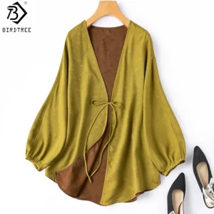 Birdtree, 100% Silk Jacquard Coat, Women's Full‑hole Luo Xiangyunsha Jackets, Tie Sun Protection Cardigan, 2026 New T65033JF - AliExpress Shirts & Blouses