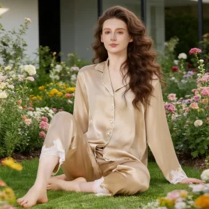 Ladies Full Length Silk Loungewear 100% Pure Mulberry Silk Long Sleeve Pants Lace Trim Pearl Buttons Elegant Nightwear - AliExpress Women's Sleep & Lounge