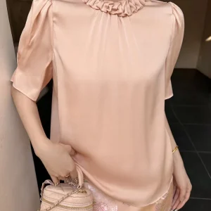 Silk Spring Summer Women's Shirt New Pure Color Wooden Collar Short Sleeve Top OL Style Straight Cut Button Detail - AliExpress Shirts & Blouses