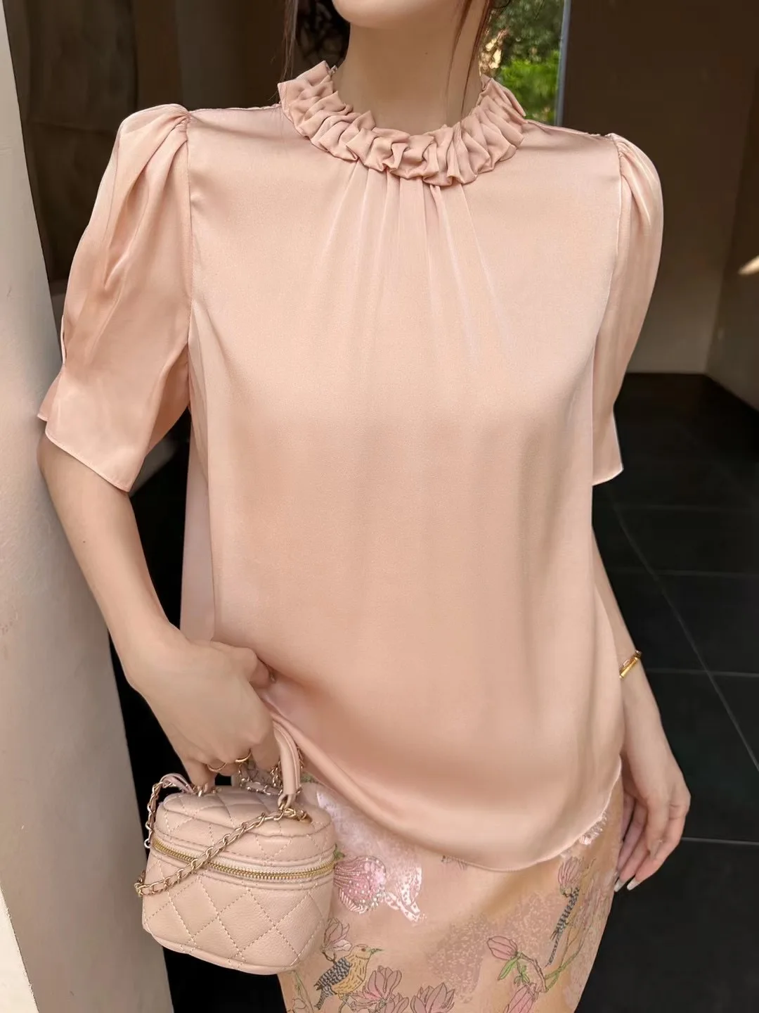 Silk Spring Summer Women's Shirt New Pure Color Wooden Collar Short Sleeve Top OL Style Straight Cut Button Detail - AliExpress Shirts & Blouses