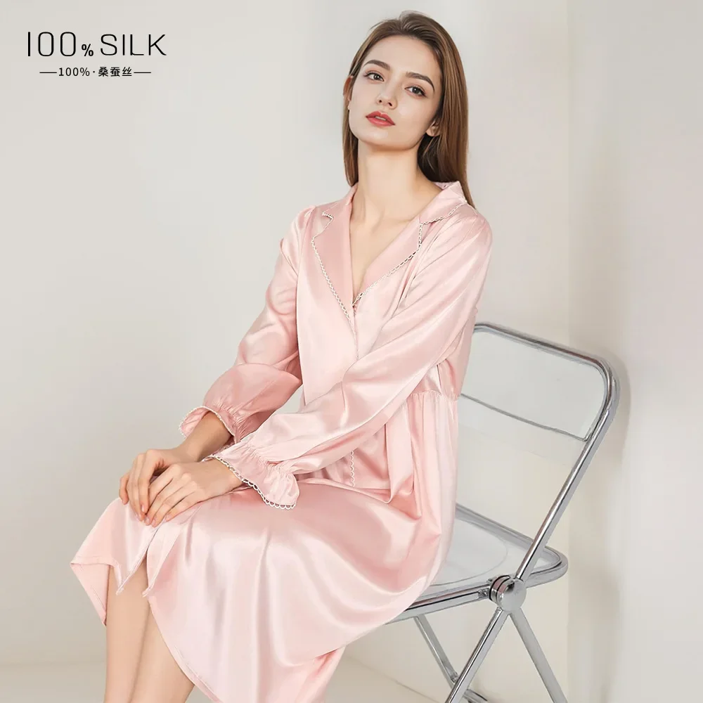 19MM 100% Mulberry Silk Pink Chemise Nightgown Women's Midi Dress Long Sleeve Nightshirt Button Down Lapel Nightdress Homewear - AliExpress Women's Sleep & Lounge