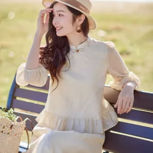 Red Tead New Chinese Sle Long Sve Bubble Sve irt Women's Faion Spring 2025 Top Straight Cut Regular Sve Length - AliExpress Shirts & Blouses