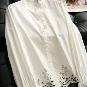 Elegant White Cotton Shirt with Lace Embroidery Hollow out Stand Collar Original Design Straight Cut Long Sleeve Women's Top - AliExpress Shirts & Blouses