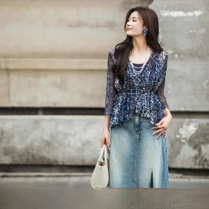 New Arrival Silk Shirt Jacket Women's Vintage Blue Print Two-Piece Set Commute Simple Style Long Sleeve V-Neck Regular Fit - AliExpress Shirts & Blouses