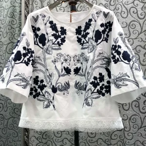 Loose Fit round Neck Lace Top Women's Summer Fashion Soft Embroidery Plant Floral Print Oversized T-Shirt South Oil Version - AliExpress Shirts & Blouses