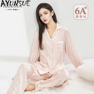 AYUNSUE 100% Silk Stripe Sleepwear Woman Casual Pajamas for Women Long Sleeve Tops Long Pajama Pants Womens Matching Sets 잠옷 - AliExpress Women's Sleep & Lounge