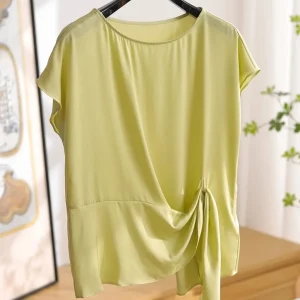 Elegant Green Silk Shirt with Waist-Cinching Belt And Bow Original Design Straight Cut Asymmetric Short Sleeve Women's Top - AliExpress Shirts & Blouses