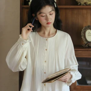 Nesoulum Women's Long Sve Cotton irt Vintage Loose Fit Button up Floral Trim Spring Top Breathable Comfortable Casual - AliExpress Shirts & Blouses