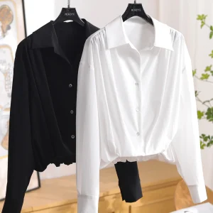Stunning White Long Sleeve Shirt Original Design High Waist Irregular Hemline Women's Fashion Breathable Nylon Fiber Short Le... - AliExpress Shirts & Blouses