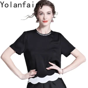 YOLANFAIRY 95% Mulberry Silk 5% Spandex T Shirts for Women Elegant Short Sleeve Tops 2026 Fashion Blouse Woman Chic Tee Shirt - AliExpress Shirts & Blouses