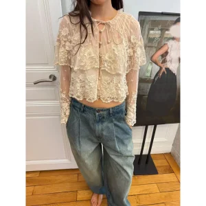Spring 2026 Lace Embroidery See-through Design Cowl Neck Long Sleeve Shirt Women's Fashion Retro Style Premium Quality Top - AliExpress Shirts & Blouses