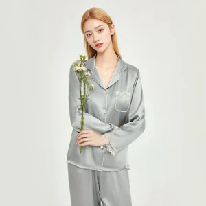 Lace Trim 100% Mulberry Silk Long Sleeves Soft Nightwear Pyjama Set Autumn Solid Color Korean Women's Lapel Cardigan Pajamas Pjs - AliExpress Women's Sleep & Lounge