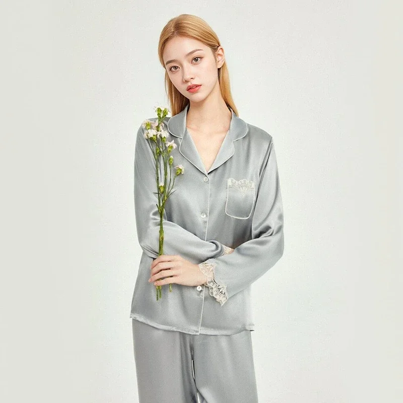 Lace Trim 100% Mulberry Silk Long Sleeves Soft Nightwear Pyjama Set Autumn Solid Color Korean Women's Lapel Cardigan Pajamas Pjs - AliExpress Women's Sleep & Lounge