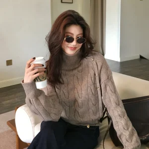 Dragon Xier Wool Blend Knitted Sweater High Ne Lazy Sle Women's Top Button Side Loose ape Knitwear Spring 2026 - AliExpress Sweaters&Jumpers