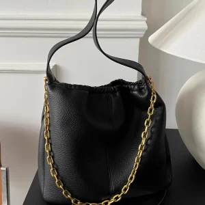 Black Luxury Chains Genuine Leather Women BagHandbag Simple Real Leather Soft Tote Shoulder Commuter Shopping Bucket Bag Big - AliExpress Women's Handbags