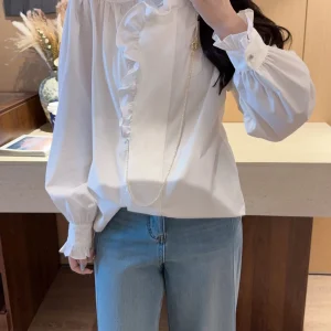 Elegant White Shirt with Earlet Lace Single Layer Long Sleeve Women's Fashion Spring 2026 Cotton French Style Loose Fit Shirt - AliExpress Shirts & Blouses