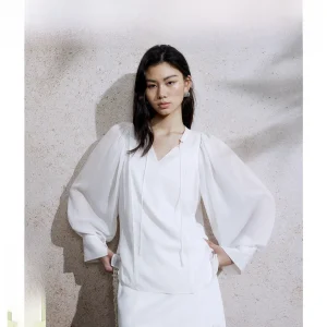 Elegant White Silk Shirt V-Neck Stand Collar Loose Fit Drawstring Thin Veil Women's Shirt by ZhiZhi Summer 2025 Long Sleeve - AliExpress Shirts & Blouses