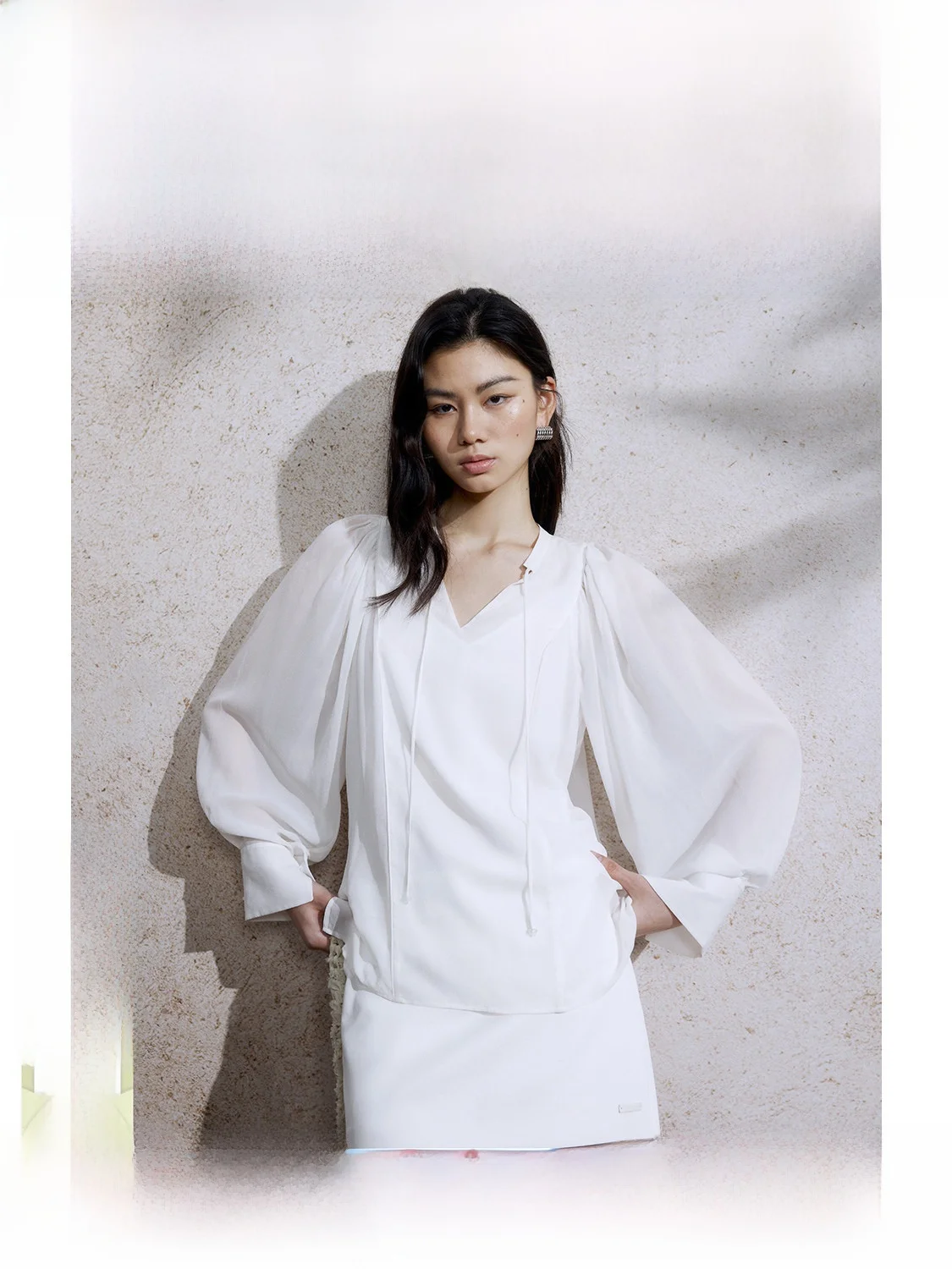 Elegant White Silk Shirt V-Neck Stand Collar Loose Fit Drawstring Thin Veil Women's Shirt by ZhiZhi Summer 2025 Long Sleeve - AliExpress Shirts & Blouses