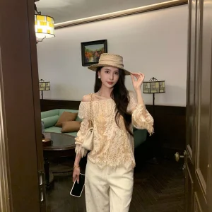 Kun Total【Amber Pine Forest】Lace Long Sve irt Women's Spring Elegance One oulder Top New Sle Cotton Nylon Blend - AliExpress Shirts & Blouses