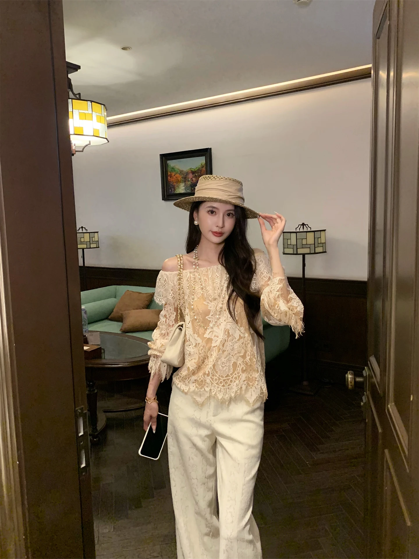 Kun Total【Amber Pine Forest】Lace Long Sve irt Women's Spring Elegance One oulder Top New Sle Cotton Nylon Blend - AliExpress Shirts & Blouses