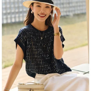 Ningxia jian Cannes Pearl BC iny Sequin Heavy Embroidery Linen Knitted ort Sve Top Women's Casual Loose Fit round Ne - AliExpress Sweaters&Jumpers