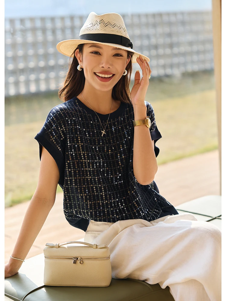 Ningxia jian Cannes Pearl BC iny Sequin Heavy Embroidery Linen Knitted ort Sve Top Women's Casual Loose Fit round Ne - AliExpress Sweaters&Jumpers