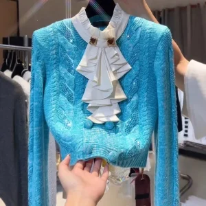 Korean Sle Blue Knitted Sweater with Bow Tie Stand Collar Women's Autumn Winter White Enhancing Long Sve Top Ciwalk Fa... - AliExpress Sweaters&Jumpers