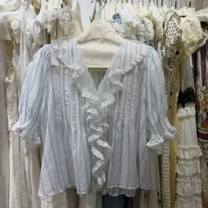 Blue Striped Women's Blouse Tops Lace Ruffles Stitching V-Neck Flare Sleeve Single Breasted Casual Loose 100% Cotton Shirt - AliExpress Shirts & Blouses