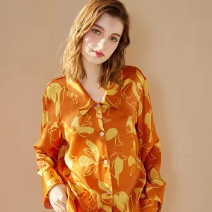 Orange Print Long Sleeve Pants 100% Silk Pajamas Set Women's Fashion Comfortable Mulberry Silk Loungewear Homewear Sleepwear PJ - AliExpress Women's Sleep & Lounge