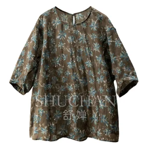 Retro Blouse Thin Summer Penny 100 Ramie Printed Crew Neck Seven-Sleeve Shirt Women's 49W5 - AliExpress Shirts & Blouses