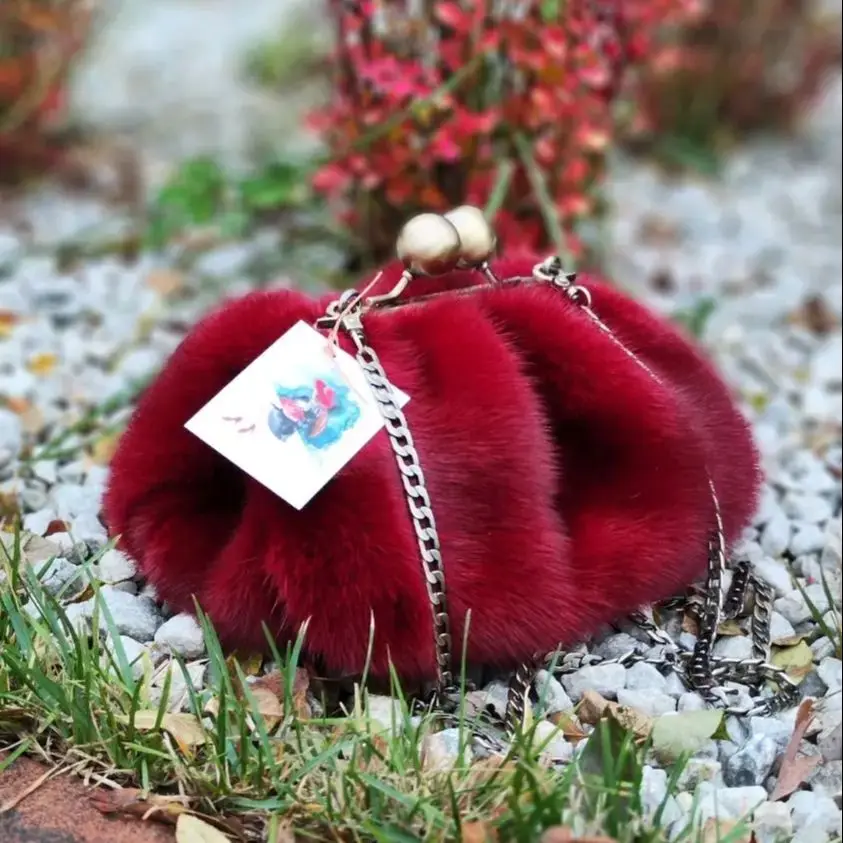 LOST IN VINTAGE Mink Soft Bag Swamp Fur Mink Bag Balls Bronze Puffy Purses Kiss-lock Large Purse Evening Frame Clutch 28x22x13cm - AliExpress Women's Handbags