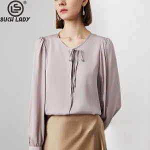 90% Real Silk 10% Spandex Women's Shirt O Neck Long Sleeves Lace Up Bow Elegant Blouse Tops - AliExpress Shirts & Blouses
