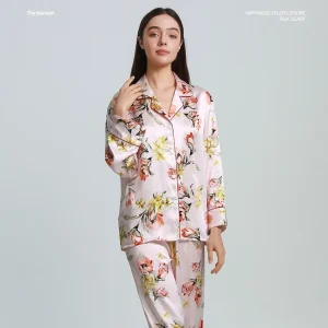 Printed 100% Mulberry Silk Long-sleeved Tops and Trousers Pajamas Suit Lapel Button Down Cardigan Sleepwear PJ Autumn Pajama Set - AliExpress Women's Sleep & Lounge