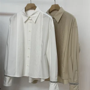 Women's Casual Shirt Single-Breasted Lape Cotton Long Sleeve Blouse Cuff Beads Top Temperament Elegant - AliExpress Shirts & Blouses