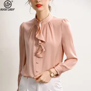 92.3% Real Silk 7.7% Spandex Women's Shirt Stand Collar Long Sleeves Ruffles Elegant Fashion Office Wear - AliExpress Shirts & Blouses