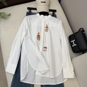 Elegant Embroidered  Long Sleeve Shirt Stand Collar Breathable Cotton Casual Style Unique Design White Color Women's Top - AliExpress Shirts & Blouses