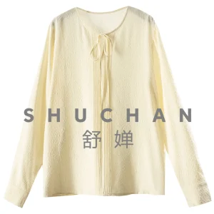 Elegant and Light Luxury, French Natural Silk Crown Music Crepe Jacquard Tuck Pleated Tie-up Crew Neck Shirt Women's 10W0 - AliExpress Shirts & Blouses