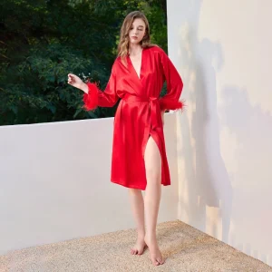 19MM 100% Mulberry Silk Morning Robe Sexy Kimono Bride Robes Long Sleeves Bridesmaid Bathrobe Gown with Feather Women Sleepwear - AliExpress Women's Sleep & Lounge