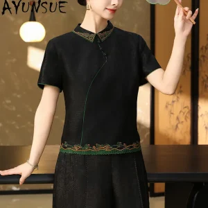 AYUNSUE 100% Real Mulberry Silk Women Tops Xiangyunsha Embroidered T-shirts for Women Summer Clothes for Women 2026 Blusas Mujer - AliExpress Shirts & Blouses
