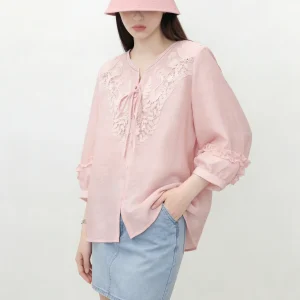 Pink Lace Splice Tie Sve irt Women's Sle 2026 New Unique Beautiful Spring Faion Top Casual Loose Fit Regular Sve - AliExpress Shirts & Blouses