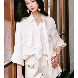 Wangxo Long Sleeve Shiny Thread Draped Loose Collar Shirt Casual Style Floral Embroidery Wooden  Trim Women's Business Shirt - AliExpress Shirts & Blouses