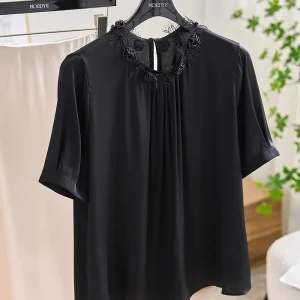 Silk Short Sleeve Shirt Women's Black Floral Lace Collar Classical Bud Neck Heavyweight Silk Summer Top Commute Style - AliExpress Shirts & Blouses