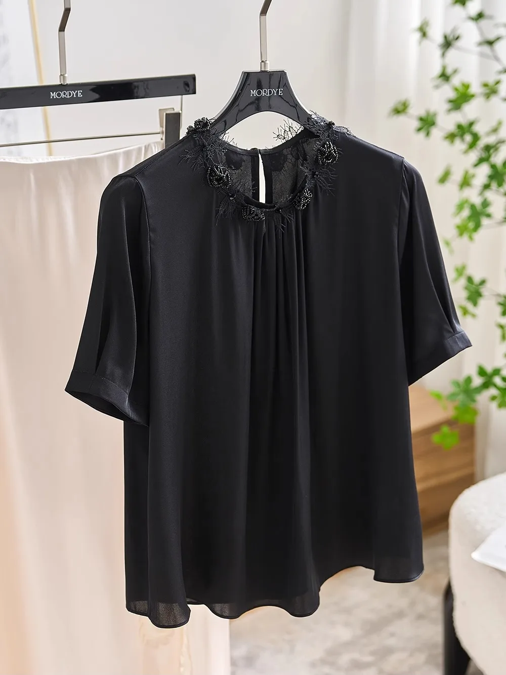 Silk Short Sleeve Shirt Women's Black Floral Lace Collar Classical Bud Neck Heavyweight Silk Summer Top Commute Style - AliExpress Shirts & Blouses
