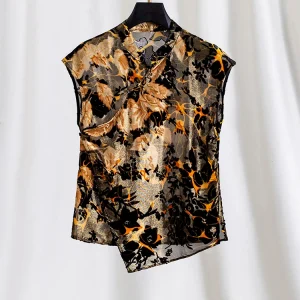 Elegant Silk Velvet Top Women's Summer Sleeveless Shirt Burned Flower Design Wide Collar Thin Polyester Fiber Chinese Style - AliExpress Shirts & Blouses