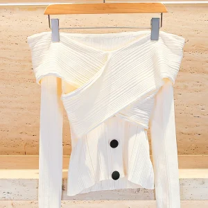 Elegant Ivory One-Shoulder Knitted Sweater Chic Style Commute Fashion Simple Design Long Sleeve Short Length Button Detail - AliExpress Sweaters&Jumpers