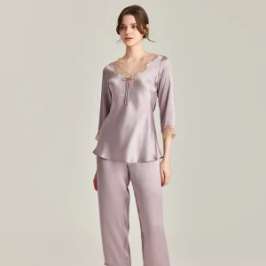 100% Mulberry Silk Three-quarter Sleeve Pajamas Lace Trim Thin Nightwear Travel Hotel Sleepwear Pure Silk Pajama Two Piece Set - AliExpress Women's Sleep & Lounge