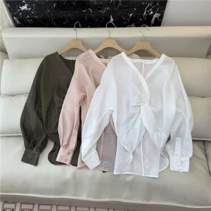 26 Spring/Summer Women's V-Neck Twist Shirt Comfortable Breathable Loose Long-Sleeved Top - AliExpress Shirts & Blouses