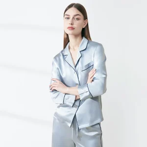 Piped 22MM 100% Mulberry Silk Long Sleeve Trousers Sleepwear Set Pajamas Solid Button Down Lapel Loungewear Caridgan Pajama PJS - AliExpress Women's Sleep & Lounge