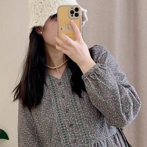 Autumn Winter Floral Print Loose Midi Dress Korean Style Commute Friendly Women's Dress Single Button Multiple Buckle Closure - AliExpress Shirts & Blouses