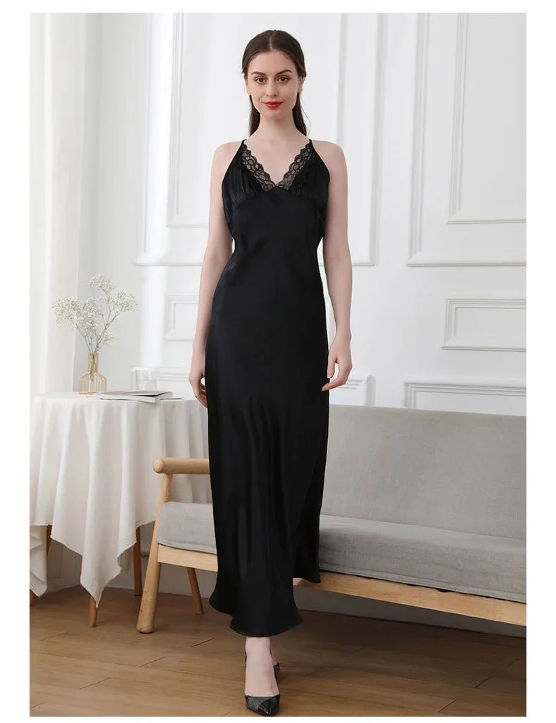 100% Silk Women Long Nightgown Slip Dress Criss Cross Lingerie Sexy Chemise Nightie Lace V Neck Sling Maxi Nightdress Homewear - AliExpress Women's Sleep & Lounge